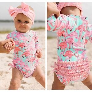 RuffleButts Flamingo Rash Guard Swimsuit 6-12M One Piece